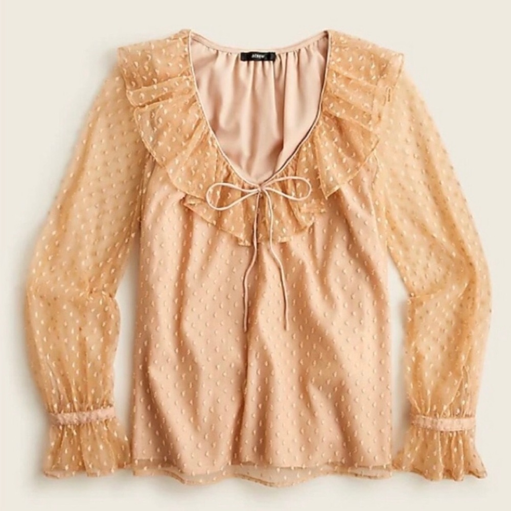 J. Crew Tan Cream Clip Dots Ruffled Neck Blouse with Flutter Sleeves Small